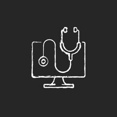 Computer diagnostics chalk white icon on black background. Laptop problems scan. Fix electronics issue. Online medical program. Tech support, repair service. Isolated vector chalkboard illustration