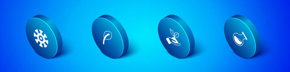 Set Isometric Bacteria, Plant in hand, Test tube flask and Leaf or leaves icon. Vector