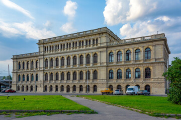 Fototapeta na wymiar Kaliningrad, the southern facade of the historic building of the former Konigsberg Stock Exchange