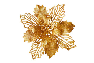 Golden flower white background isolated close up, beautiful single gold flower, yellow metal...