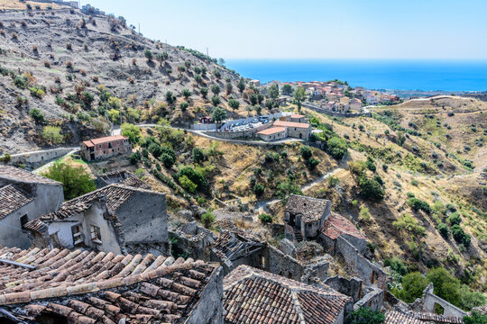 View of the Mediterranean sea from an ancient abandoned village amongst unique rock formations