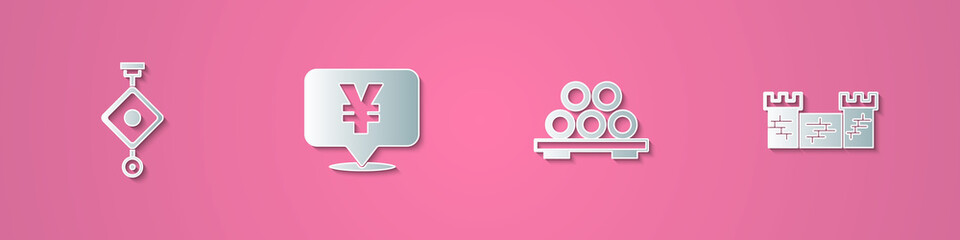 Set paper cut Chinese paper lantern, Yuan currency, Sushi on cutting board and Great wall of China icon. Paper art style. Vector