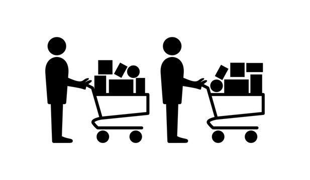 Panic Buying Icon with People in a Queue and Full Shopping Carts. Vector Image.