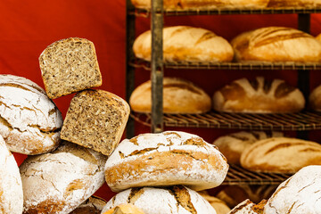 Many rustic fresh bread loaves