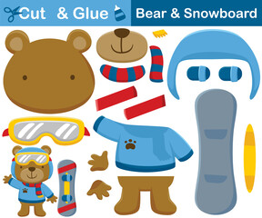 Cartoon of cute bear wearing warm clothes and helmet with snowboard. Education paper game for children. Cutout and gluing