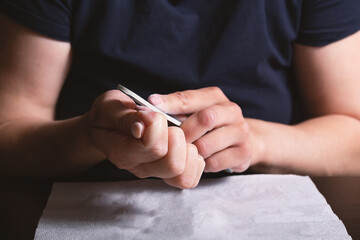 Shellac self removal at home. Nail polish removal with disposable nail file tools. Manicure at home. Step by step photo instruction. Step 1. 