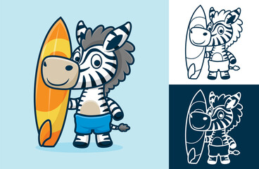 Funny zebra standing while holding surfboard. Vector cartoon illustration in flat icon style