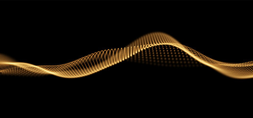 Abstract technology background. Digital gold particle wave. Sound structure visualization. Flow dot landscape.
