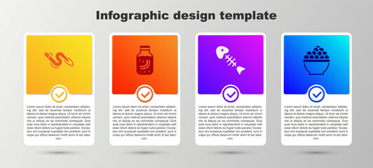 Set Eel fish, Sea cucumber in jar, Fish skeleton and Caviar. Business infographic template. Vector