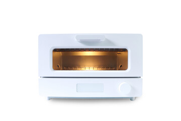 Fototapeta premium white modern design toaster oven , countertop or convection oven is on the white table with white wall background in the kitchen for making breakfast sliced toasts breads (clipping path included)