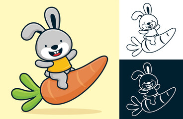 Funny rabbit sit on big carrot. Vector cartoon illustration in flat icon style