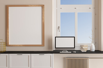 Room interior. Desktop with blank screen on workplace and blank frame. Mockup, 3d render