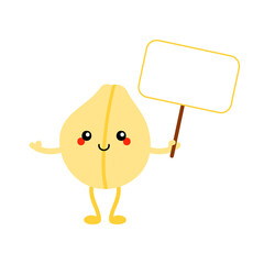 Cute smiling cartoon style chickpeas, chick pea seed character holding sign, card, banner in hand.
