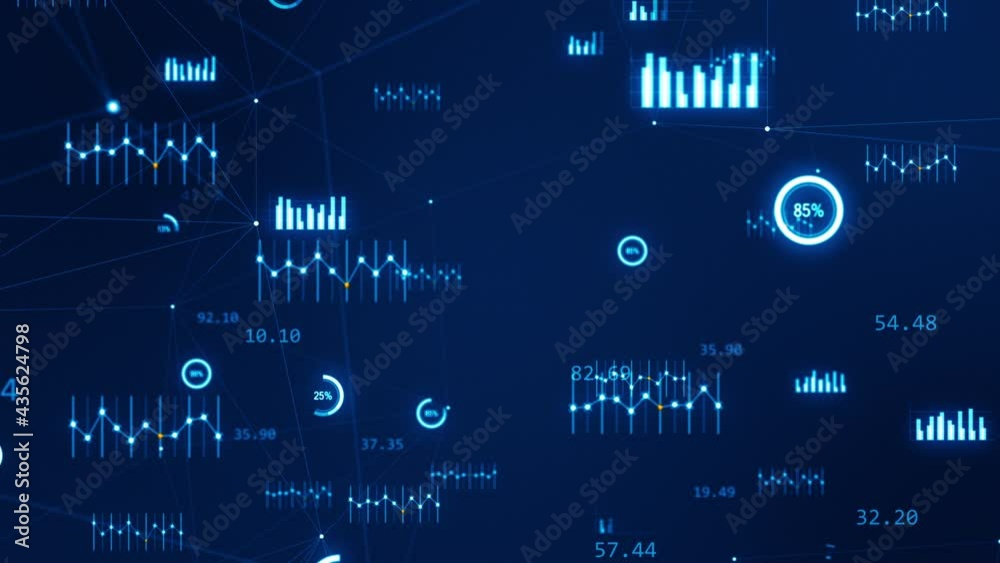 Poster motion graphic of blue technology icon with chart graph, line graph and circle graph levitation with