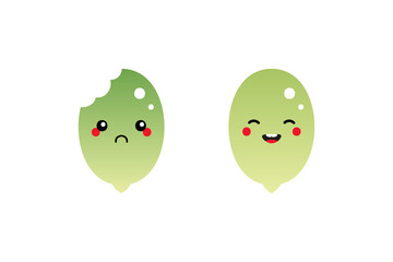 Couple of cartoon style green raw shelled pumpkin seeds characters, cute and smiling and sad with bite mark.

