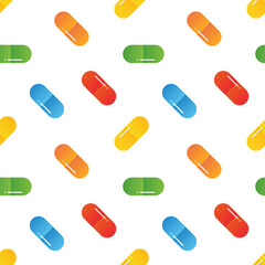 Cute and colorful food supplements, pills, medications vector seamless pattern background.
