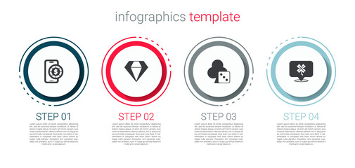 Set Online poker table game, Diamond, Game dice and Casino slot machine with clover. Business infographic template. Vector