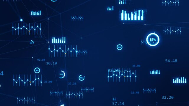 Motion graphic of Blue technology icon with chart graph, line graph and circle graph levitation with camera zoom out abstract background concept seamless loop video