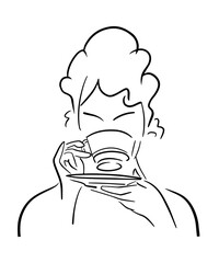 Woman drinking coffee or tea. Black line sketch on white background. Vector illustration.