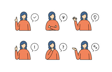 色々なポーズの女性のイラストセット　アイコン　人物　ふきだし　シンプル　感情　上半身