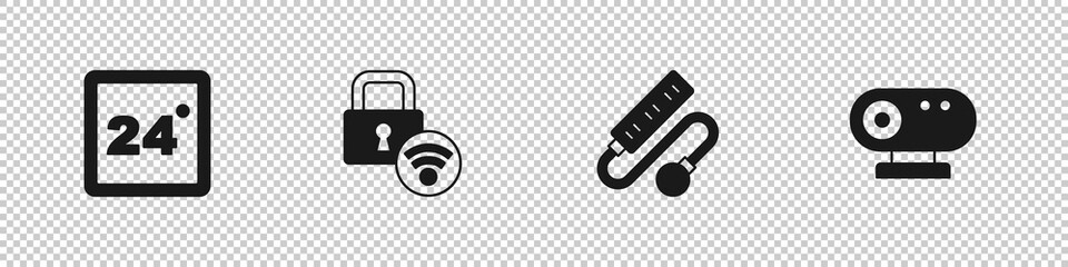 Set Thermostat, Digital door lock, Electric extension cord and Web camera icon. Vector