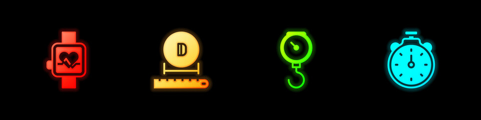 Set Smart watch, Diameter, Hand scale spring mechanical and Stopwatch icon. Vector