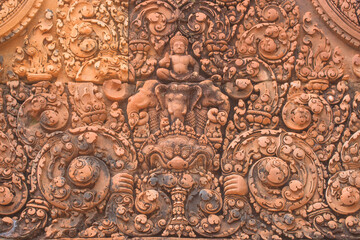 The sandstone carvings of Banteay Srei, one of Cambodia's most beautiful Khmer castles.