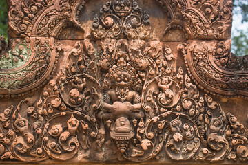 The sandstone carvings of Banteay Srei, one of Cambodia's most beautiful Khmer castles.