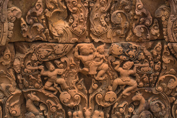 The sandstone carvings of Banteay Srei, one of Cambodia's most beautiful Khmer castles.