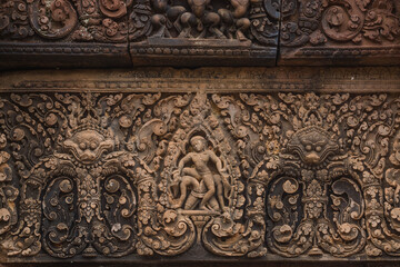 The pattern carvings on the arch of the Banteay Srei, another of Cambodia's most beautiful Khmer...