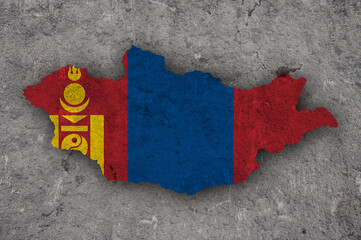 Karte und Fahne von Mongolei auf verwittertem Beton