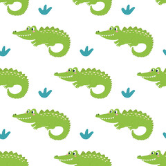 Naklejka premium Cute funny green crocodile on white background. Vector seamless pattern. Decor for children's posters, postcards, clothing and interior