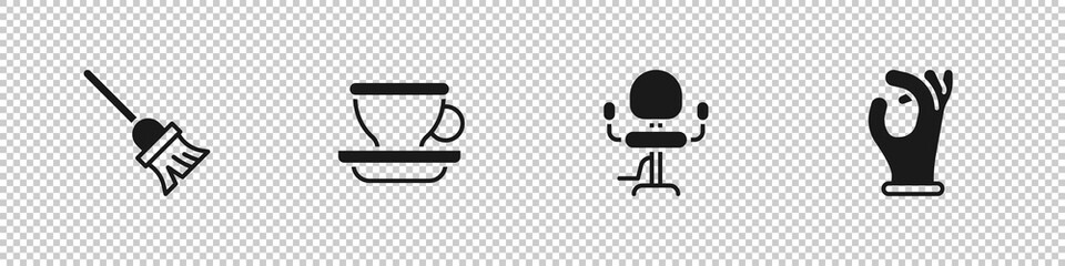 Set Mop, Coffee cup, Barbershop chair and Medical rubber gloves icon. Vector