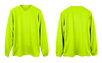 Blank Jersey long sleeve T Shirt color neon green template front and back view on white background
