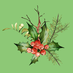 Vintage floral greeting card, spring or summer decoration with pine and dry branch, red berries, mountain ash, beautiful flowers. Colorful vector illustration.Isolate