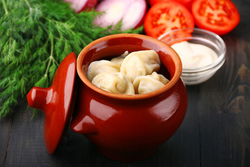 dumplings in a pot vegetables and sour cream on background. Russian pelmeni, dumplings with meat