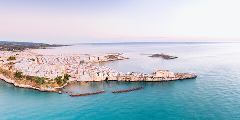 Aerial view of the white buildings of Vieste at sunrise, Foggia province, Gargano National Park, Apulia, Italy