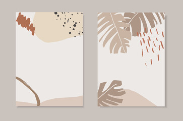 Set of tropical summer artistic greeting cards, invitations. Banana leaf and dots. Abstract geometric shapes, brush strokes. Modern minimalist vector drawings, wall art. Beige poster, web banners.