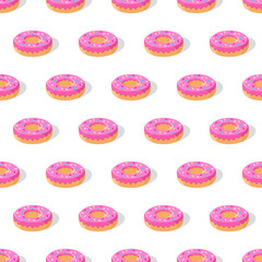 Obraz na płótnie Canvas Donuts with pink glaze and colored sprinkles in an isometric projection on white background. Seamless pattern. Texture for fabric, wrapping, wallpaper