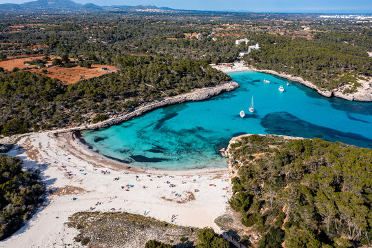 Aerial of Parc Natural de Mondrago, Mallorca (Majorca), Balearic Islands, Mediterranean