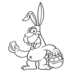 Adorable Rabbit cartoon character delivering egg with easter basket, and finding users location using smartphone, suitable for coloring book of children with easter themes