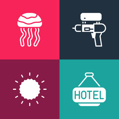 Set pop art Signboard with text Hotel, Sun, Water gun and Jellyfish icon. Vector