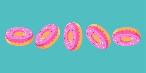 Donuts falling on blue background. Pink  glaze and colored sprinkles. Vector background, horizontal banner.