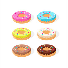 Pink donut, chocolate donuts, lemon, vanilla and blue mint donuts  on white background.  Vector illustration