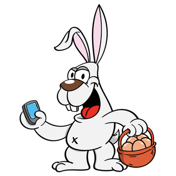 Adorable Rabbit cartoon character delivering egg with easter basket, and finding users location using smartphone, best for mascot or logo for delivering services business