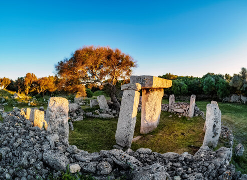 Taula at sunset, Talati de Dalt archaeological site, Menorca (Minorca), Balearic Islands, Mediterranean
