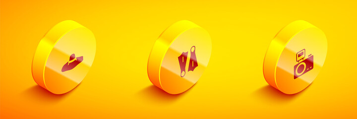 Set Isometric Elegant women hat, Rubber flippers for swimming and Photo camera with flash icon. Vector © Kostiantyn