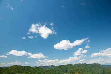 里山の山波と青空と白い雲