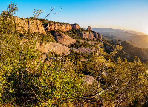 La Castellassa de Can Torras and La Mola at sunrise, Sant Llorenc del Munt Natural Park, Matadepera, Catalonia