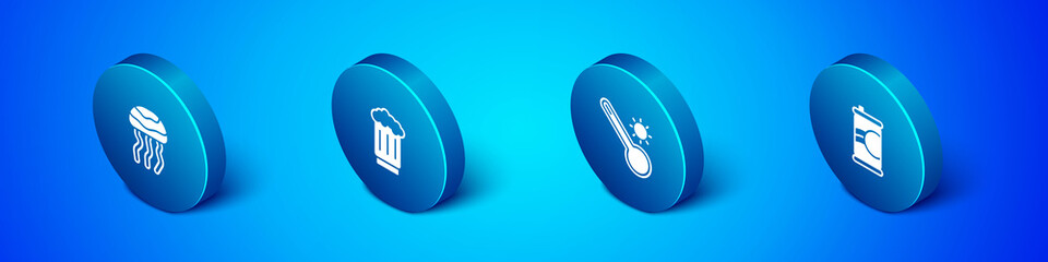Set Isometric Jellyfish, Meteorology thermometer, Soda can and Wooden beer mug icon. Vector